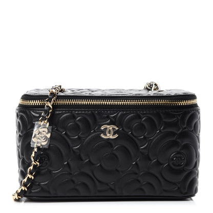 Chanel Lambskin Camellia Embossed Small Vanity Case With Chain Black 1 of 11