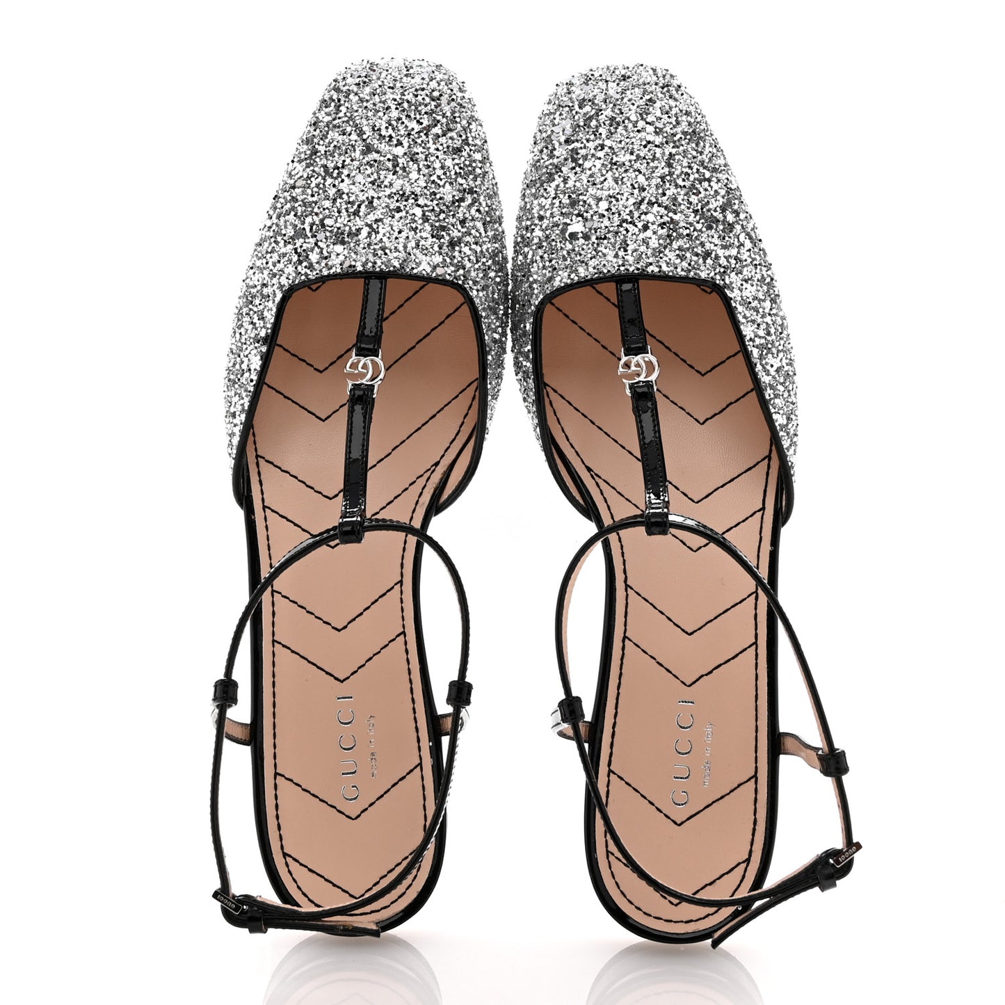 Calfskin Glitter Double G Slingback Flats 37.5 Silver Black