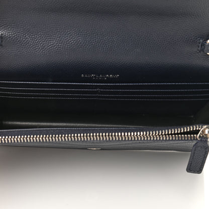 Saint Laurent Grain De Poudre Matelasse Chevron Monogram Envelope Chain Wallet Navy 4 of 9