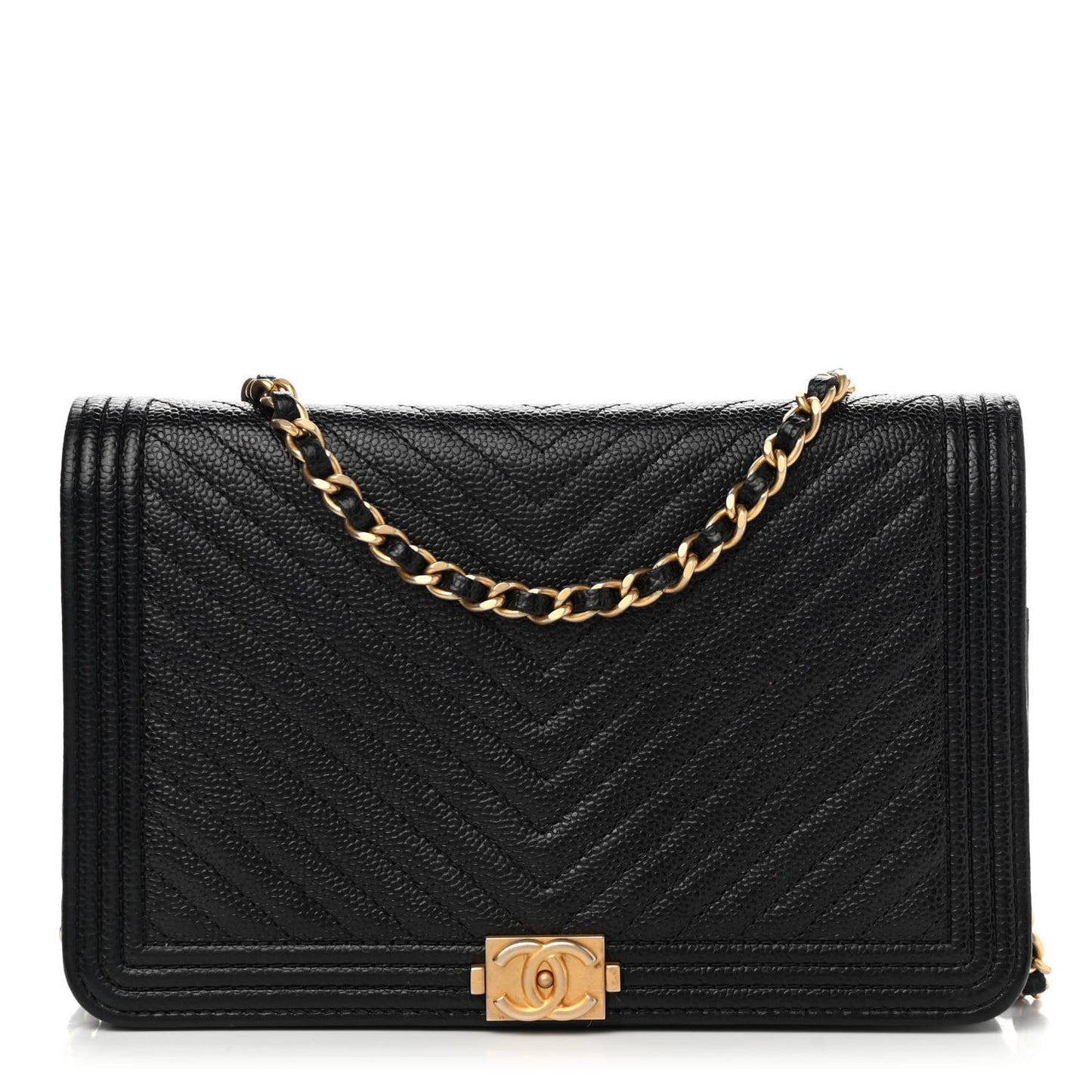 Caviar Chevron Quilted Boy Wallet On Chain WOC Black