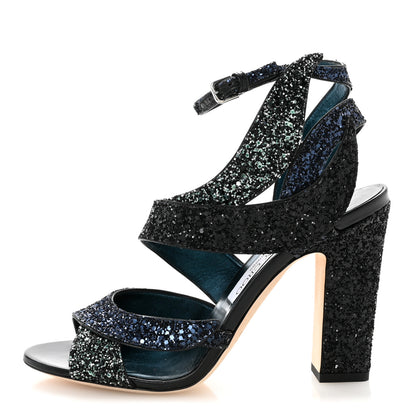Jimmy Choo Coarse Glitter Falcon 100 Sandals 38.5 Navy Mix 1 of 10