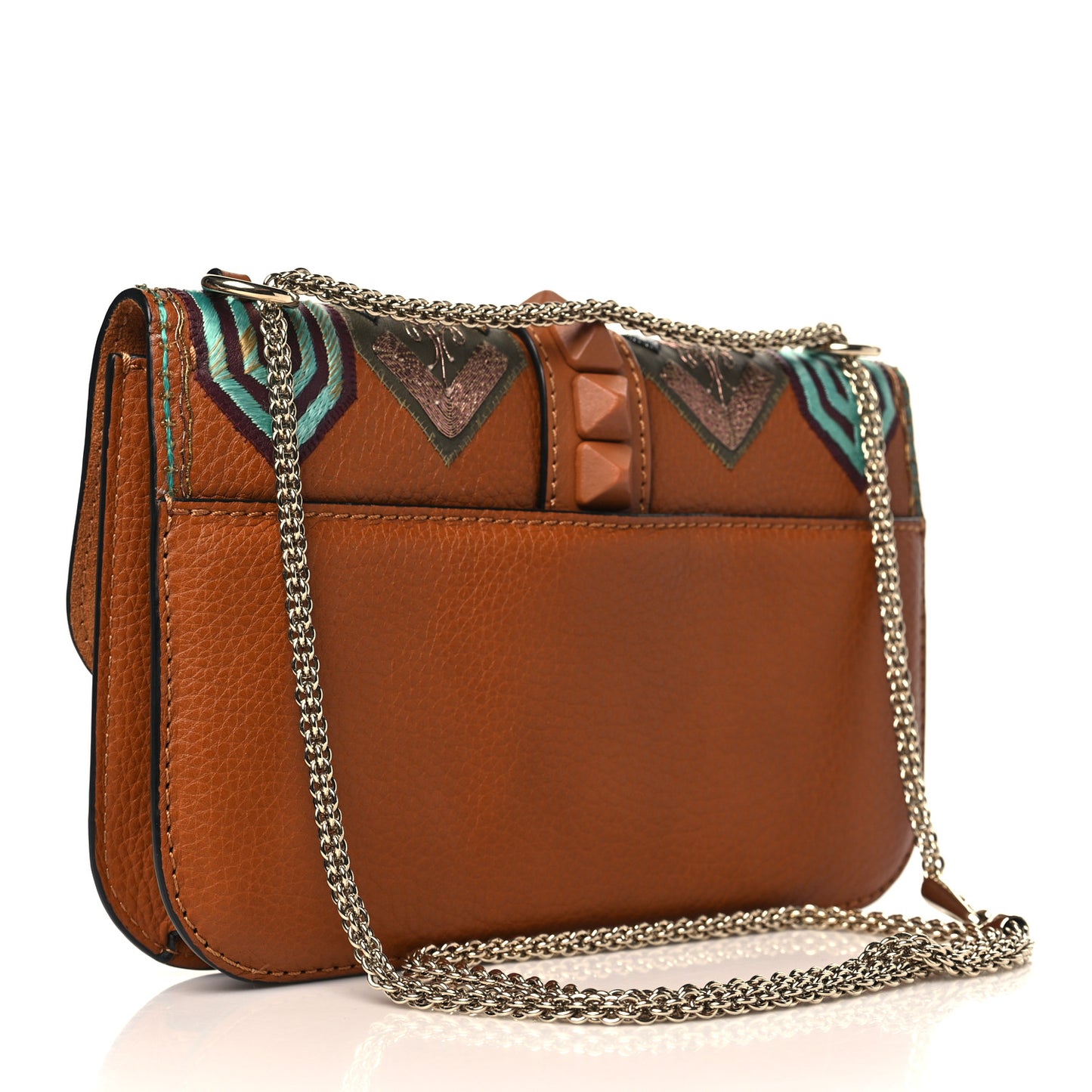Pebbled Calfskin Embroidered Medium Glam Lock Rockstud Flap Brown