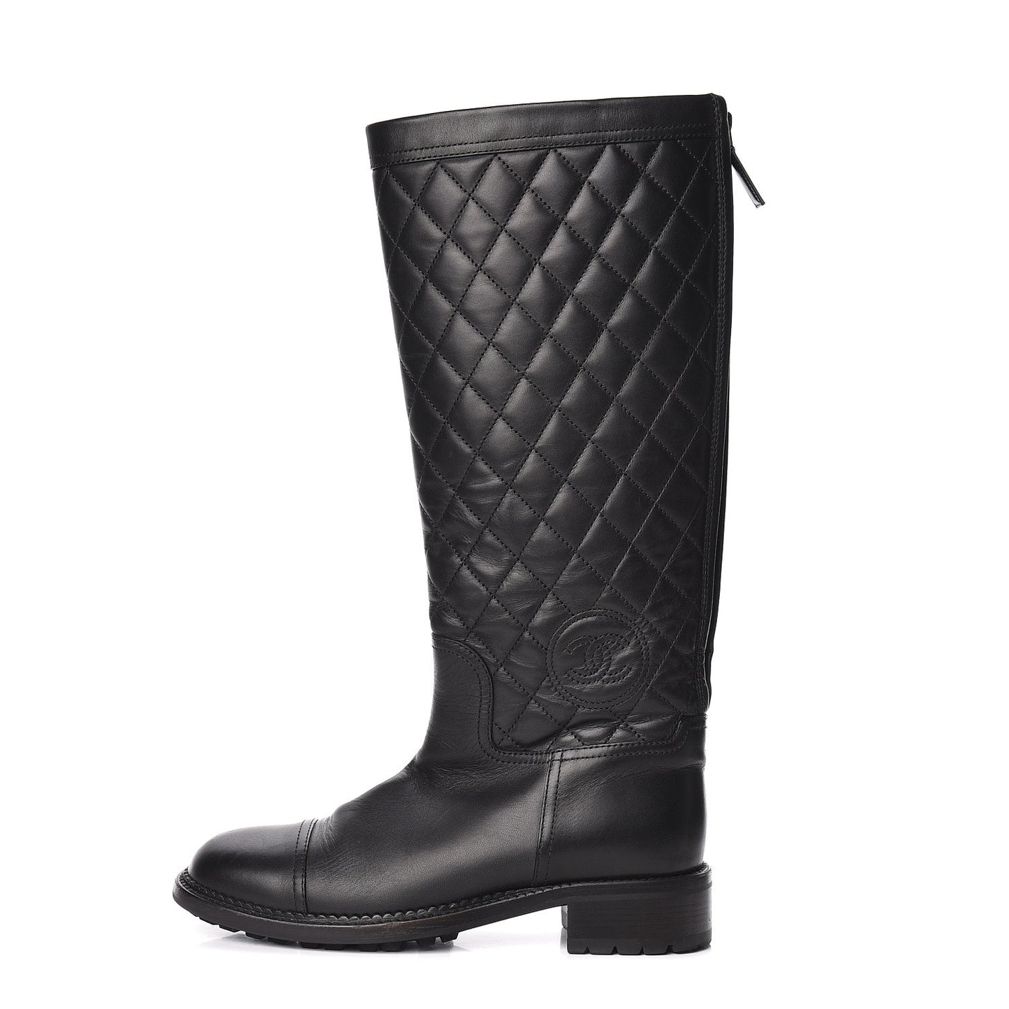 Oily Calfskin Quilted High Boots 38 Black