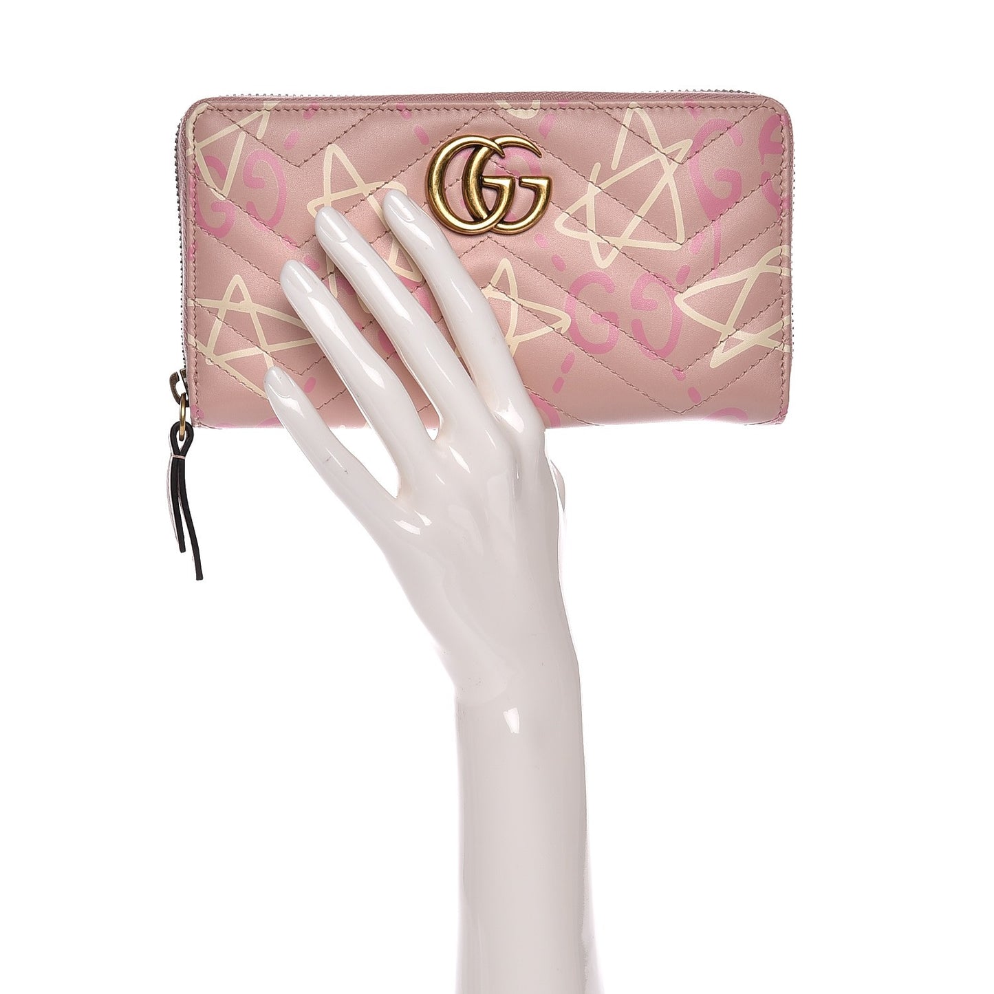 Calfskin Matelasse GucciGhost GG Marmont Zip Around Wallet Perfect Pink Rosa Ivory