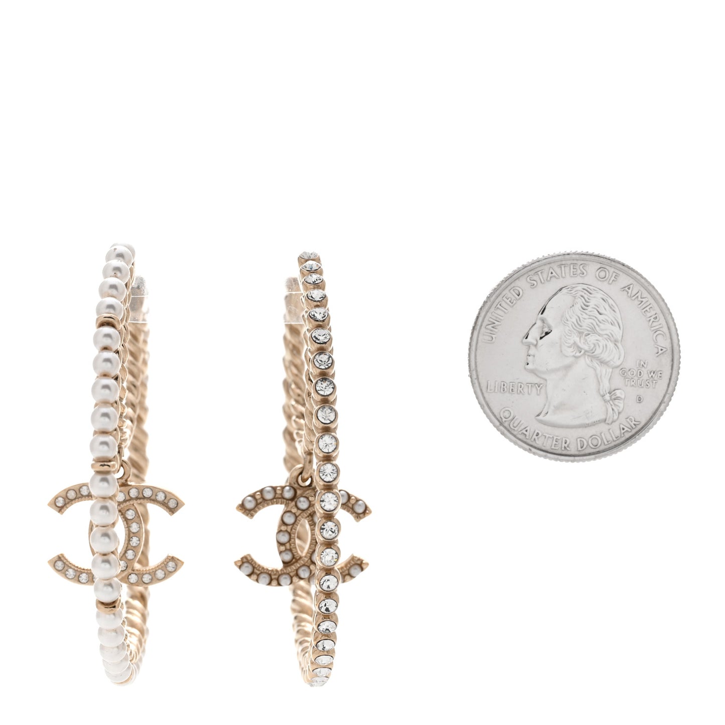 Crystal Pearl CC Drop Hoop Earrings Gold Pearly White