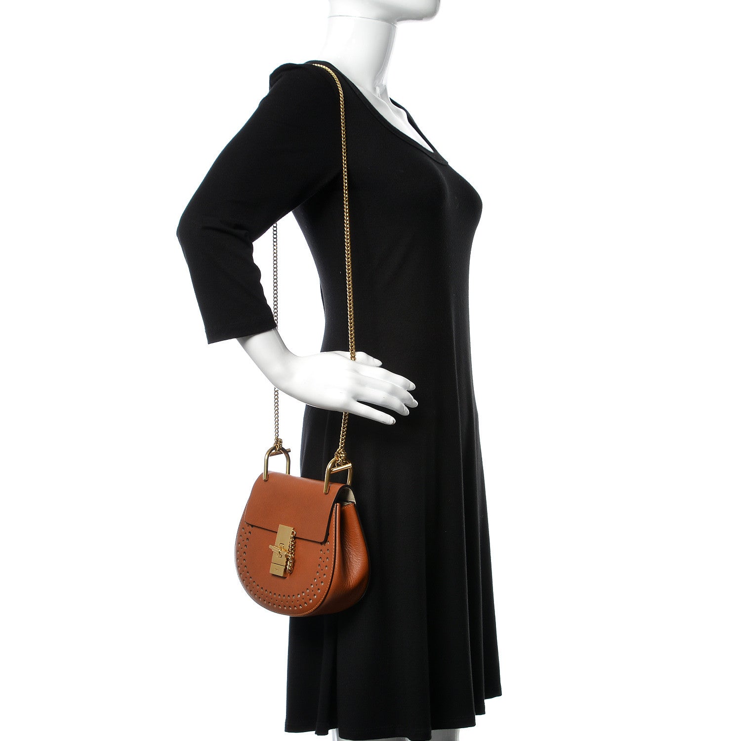 Chloe Calfskin Perforated Mini Drew Shoulder Bag Caramel 2 of 14