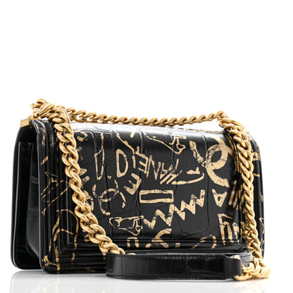 Chanel Calfskin Crocodile Embossed Graffiti Cocodile Medium Boy Flap Black 3 of 15