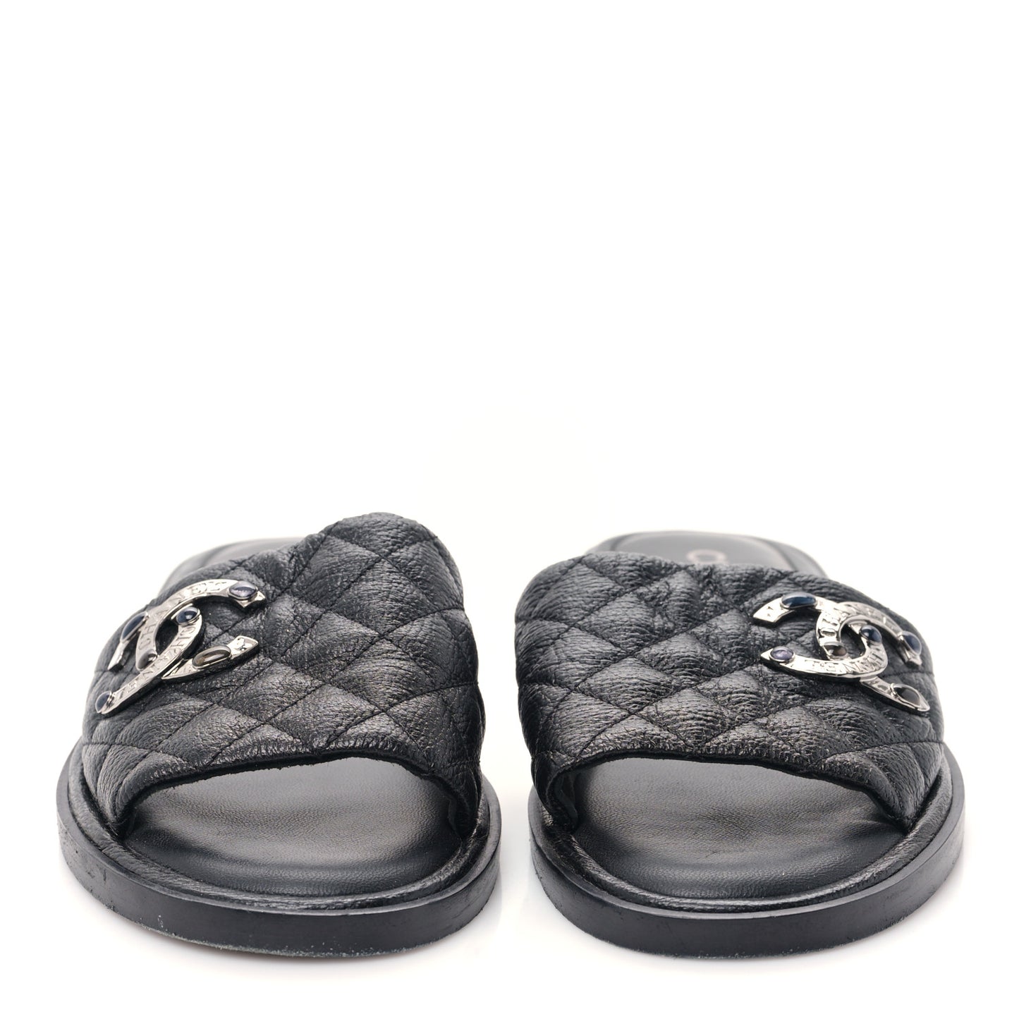 Shiny Goatskin Quilted CC Mules Sandals 39 Black