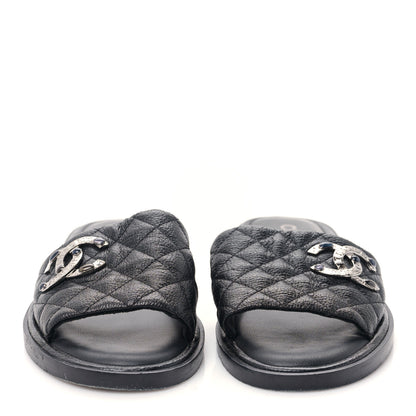 Chanel Shiny Goatskin Quilted CC Mules Sandals 39 Black 2 of 9