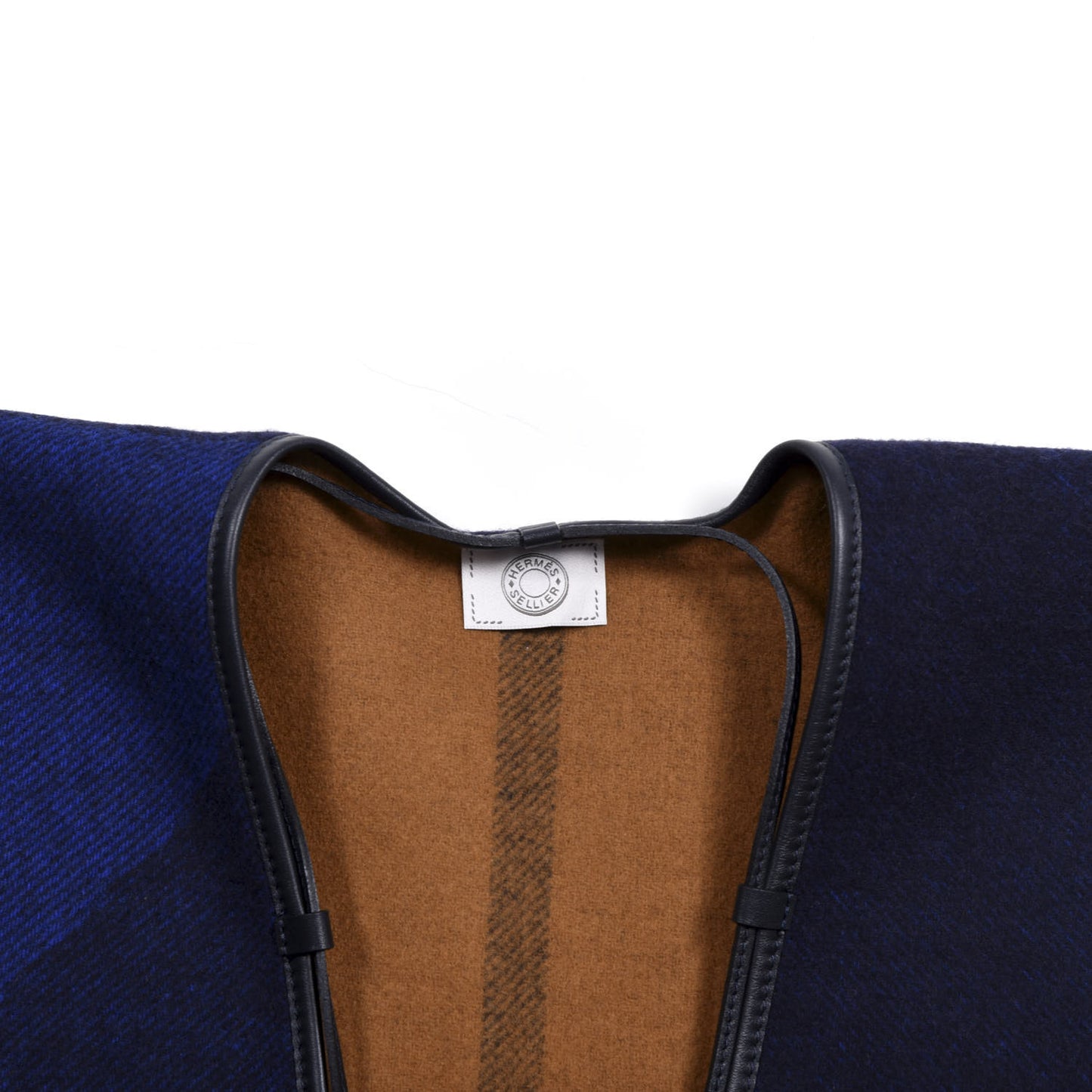 Wool Calfskin Reversible Highlands Poncho Navy Royal Fauve