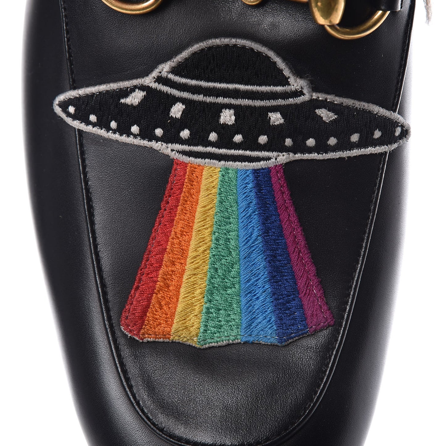 Calfskin Fur Dragon UFO Embroidered Mens Princetown Slippers 9 Black