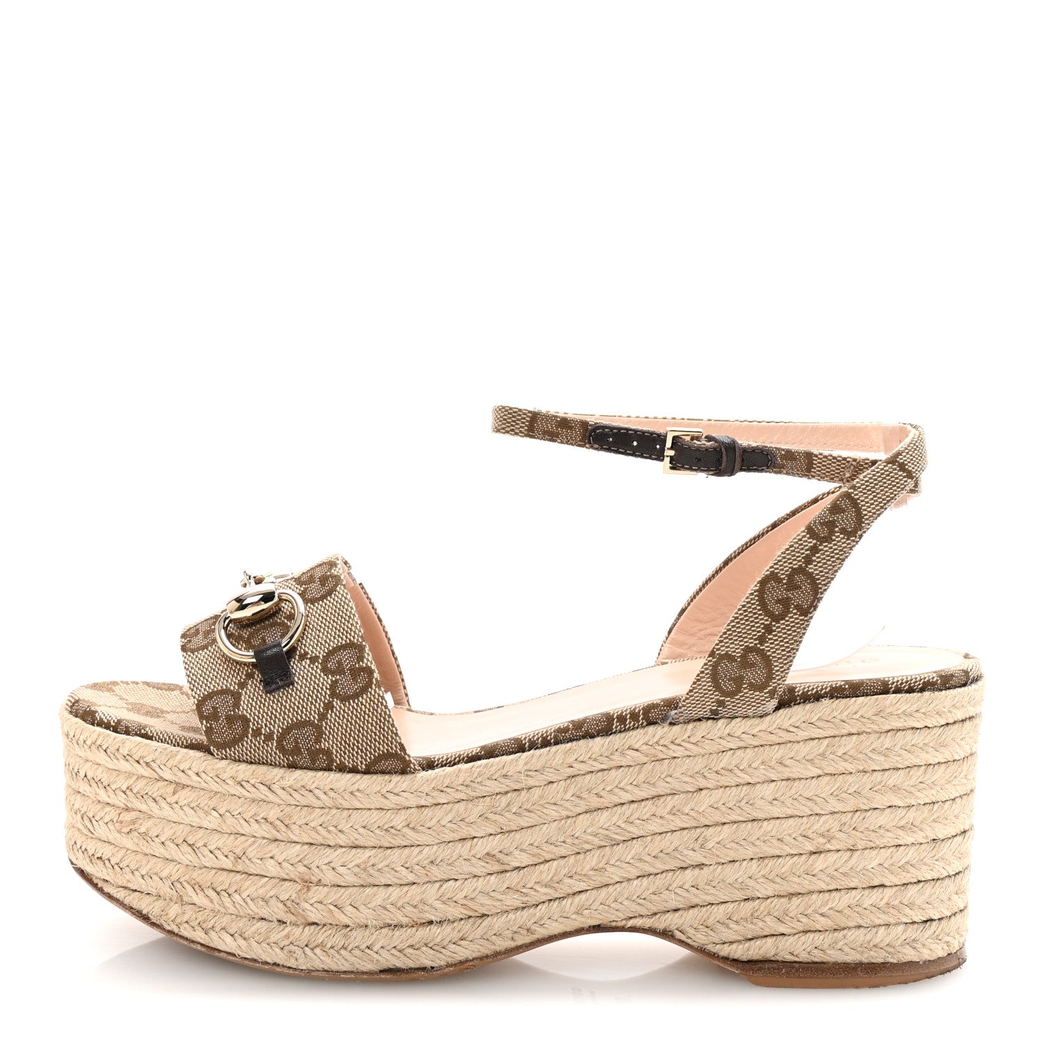 Gucci Monogram Nappa Chalotte Horsebit Ankle Strap 75mm Flatform Sandals 36 Beige Ebony 1 of 10