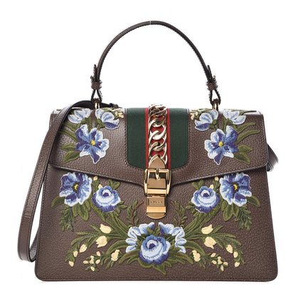 Gucci Calfskin Embroidered Medium Sylvie Top Handle Bag New Acero Multicolor 1 of 11