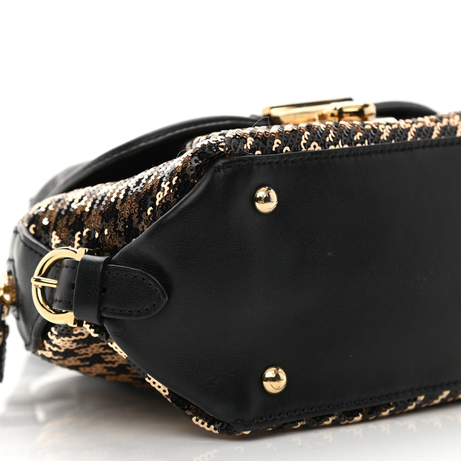Salvatore Ferragamo Calfskin Sequin Small Fiamma Bag Black Gold 8 of 11