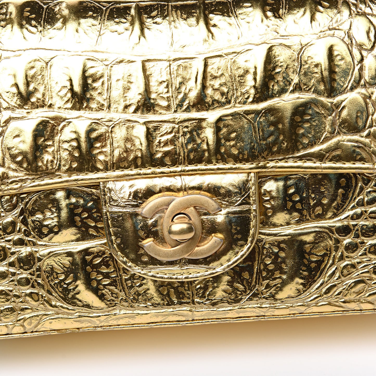Metallic Calfskin Crocodile Embossed Rectangular Mini Flap Gold