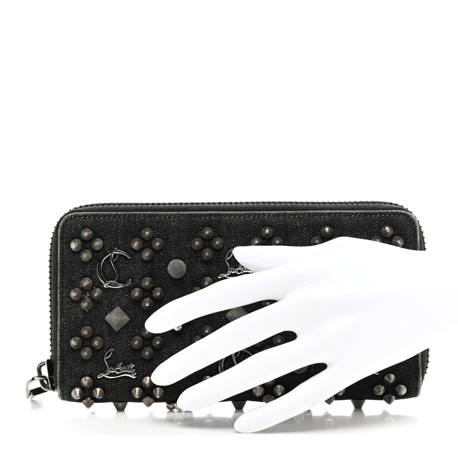 Christian Louboutin Denim Panettone Spiked Zip Around Wallet Black 2 of 6