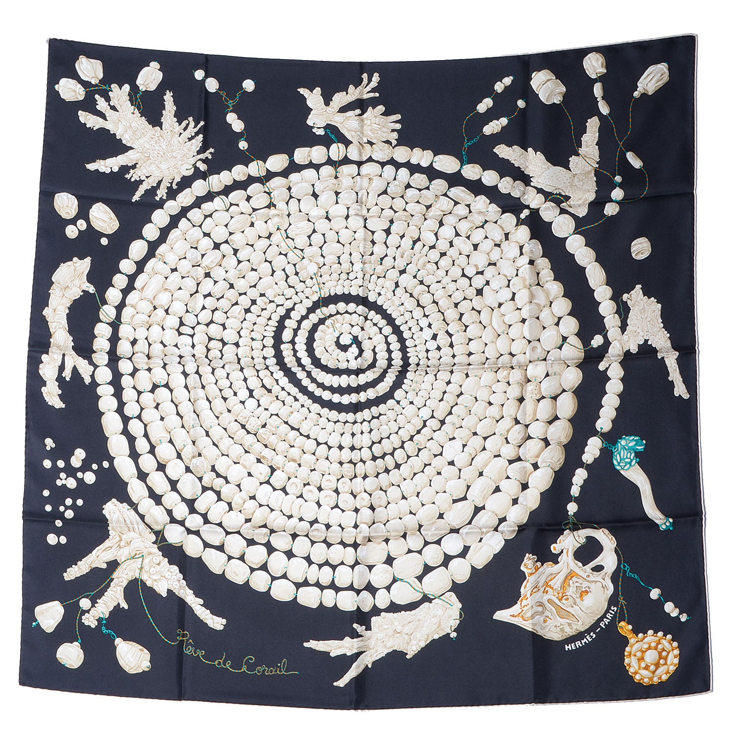 Hermes Silk Reve de Corail Scarf 90 Noir Sable Canard 2 of 7