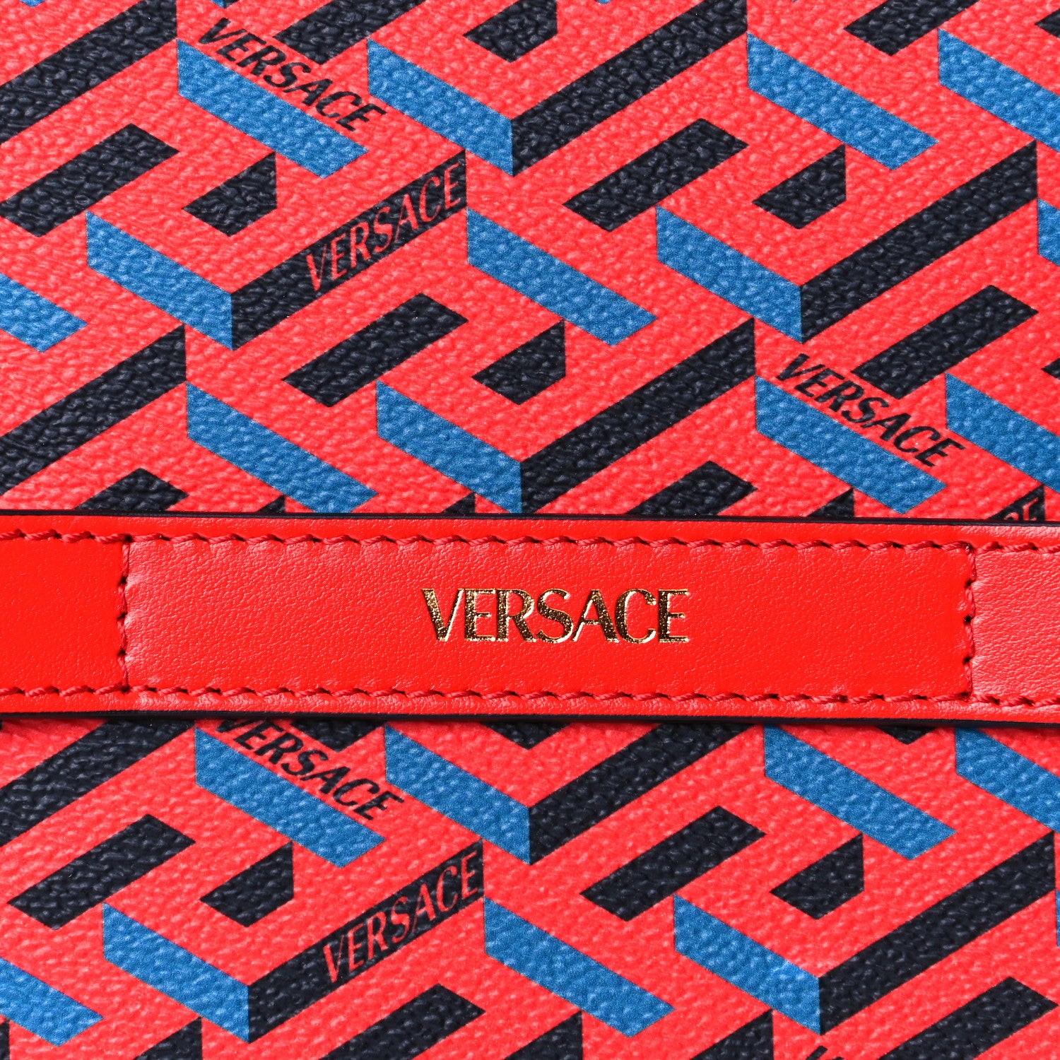 Versace Coated Canvas Calfskin La Greca Signature Tote Bag Blue Red 3 of 9