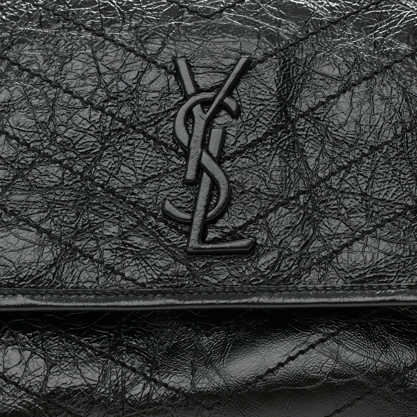 Crinkled Calfskin Matelasse Monogram Medium Niki Chain Satchel Black