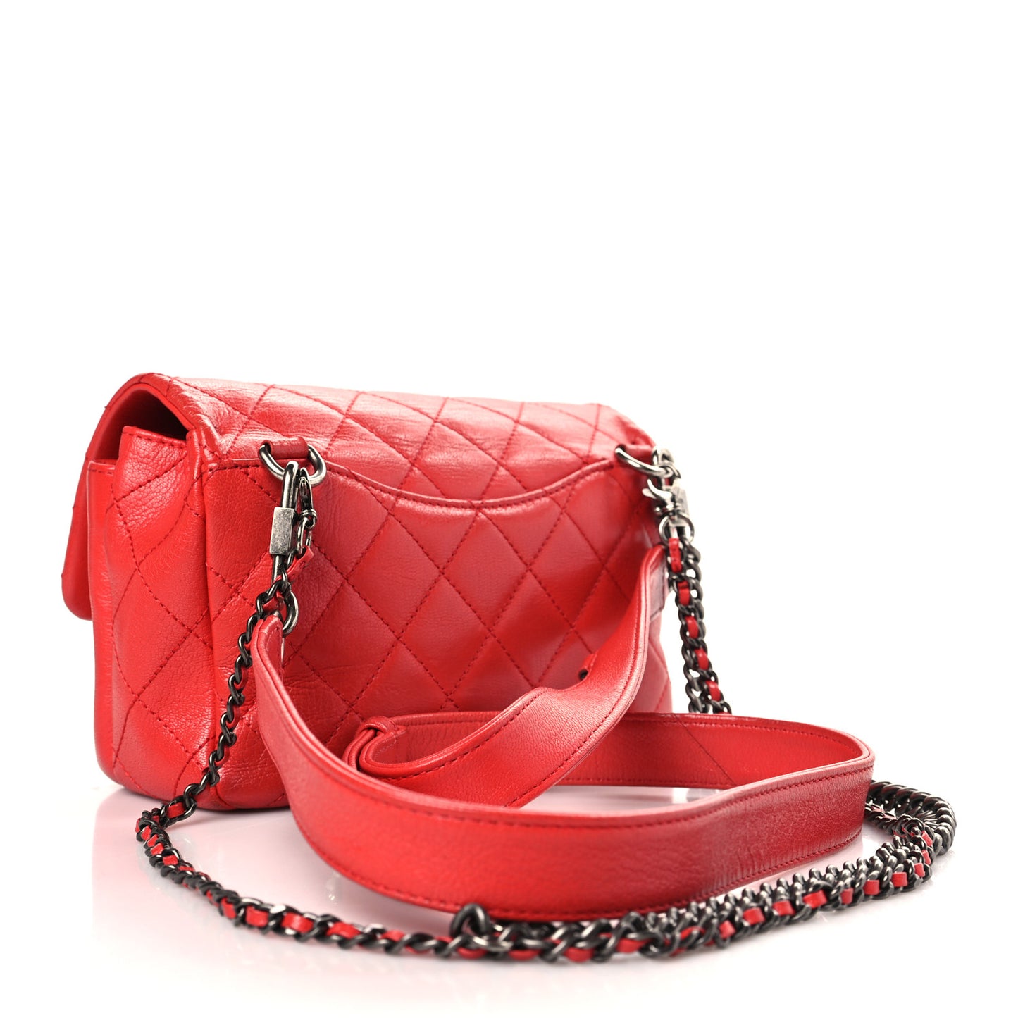 Shiny Goatskin Quilted Small Double Carry Waist Chain Flap Red