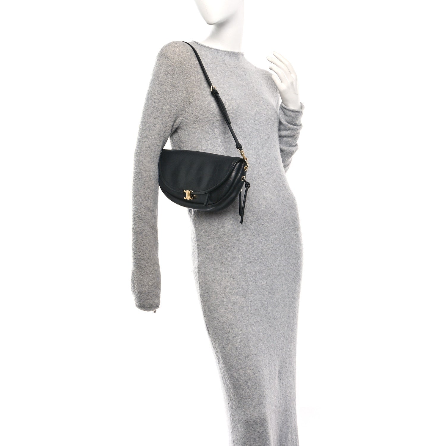 Celine Shiny Lambskin Soft Triomphe Little Half Moon Bag Black 2 of 9