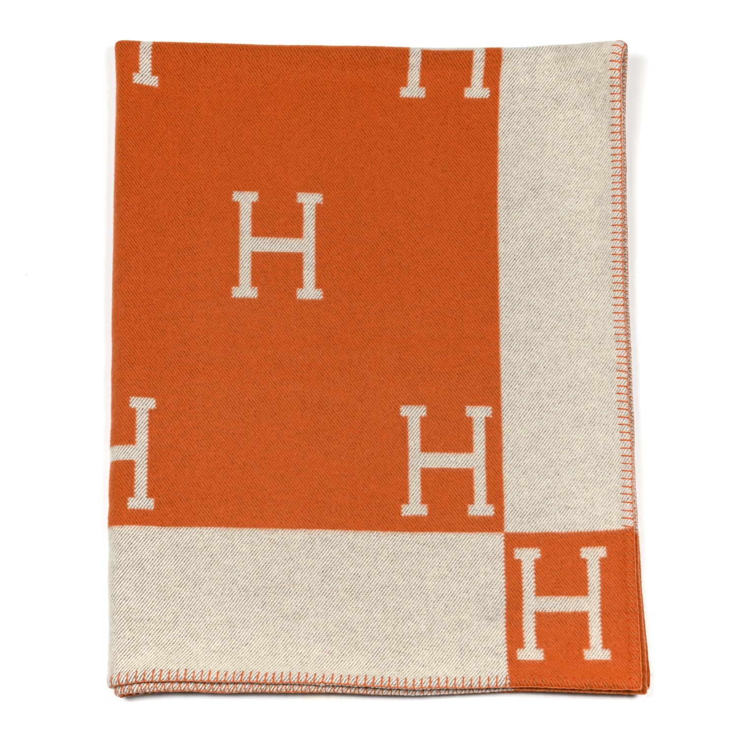 Hermes Wool Cashmere Signature Classic Avalon Blanket Ecru Potiron 1 of 3