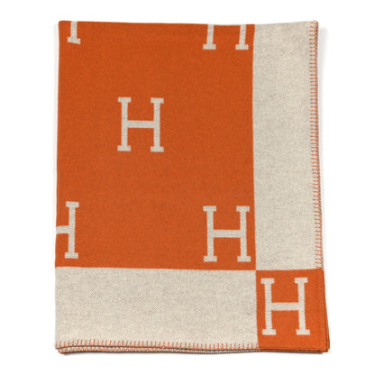 Hermes Wool Cashmere Signature Classic Avalon Blanket Ecru Potiron 1 of 3