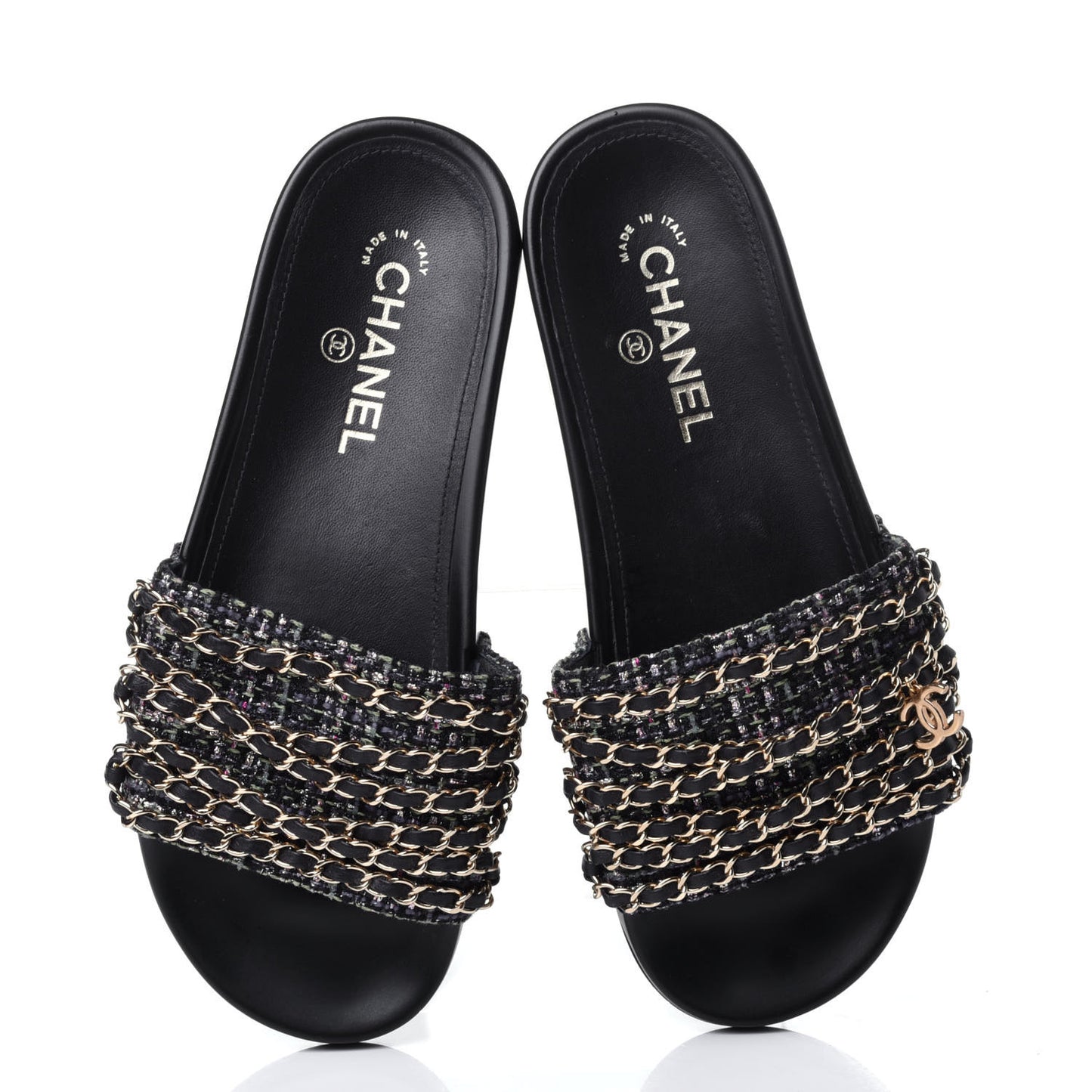Tweed Lambskin Chain Flat Sandals 39 Black Multicolor