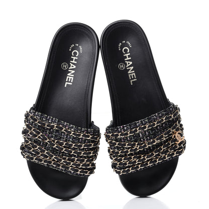 Chanel Tweed Lambskin Chain Flat Sandals 39 Black Multicolor 6 of 11