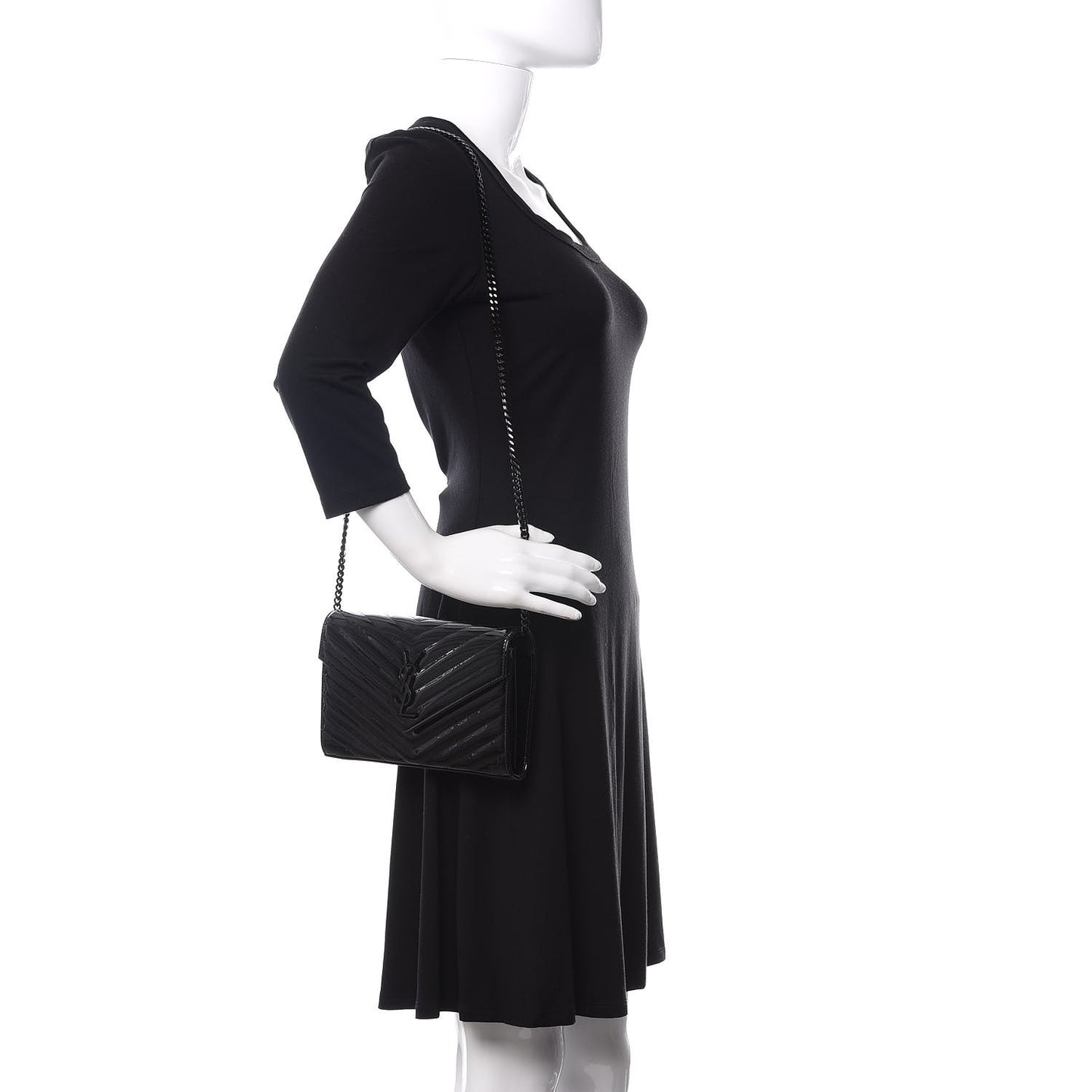 Patent Matelasse Chevron Monogram Chain Wallet Black
