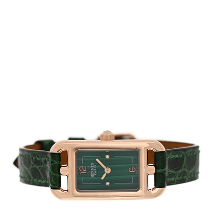 Hermes 18K Rose Gold Alligator Diamond Malachite 17mm Nantucket Quartz Watch Vert Moyen 2 of 5