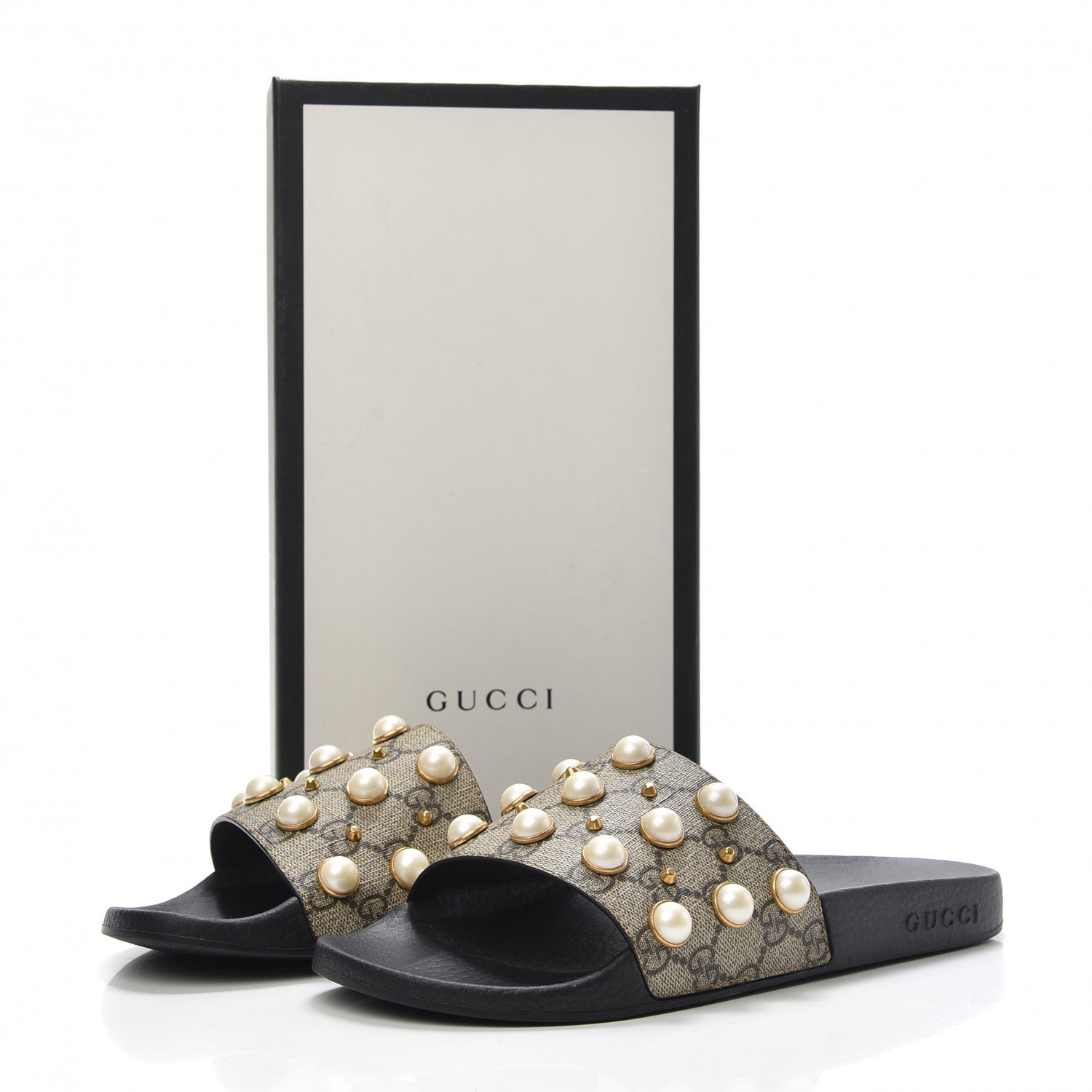 Gucci GG Supreme Monogram Slide Pearls Sandals 39 Beige 7 of 7