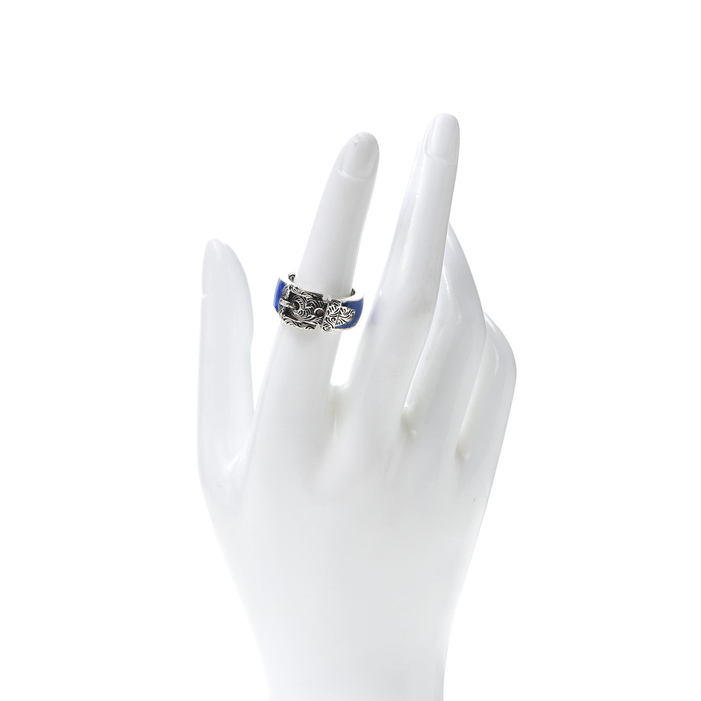 Sterling Silver Enamel Feline Head Buckle Ring Blue 55 7.25