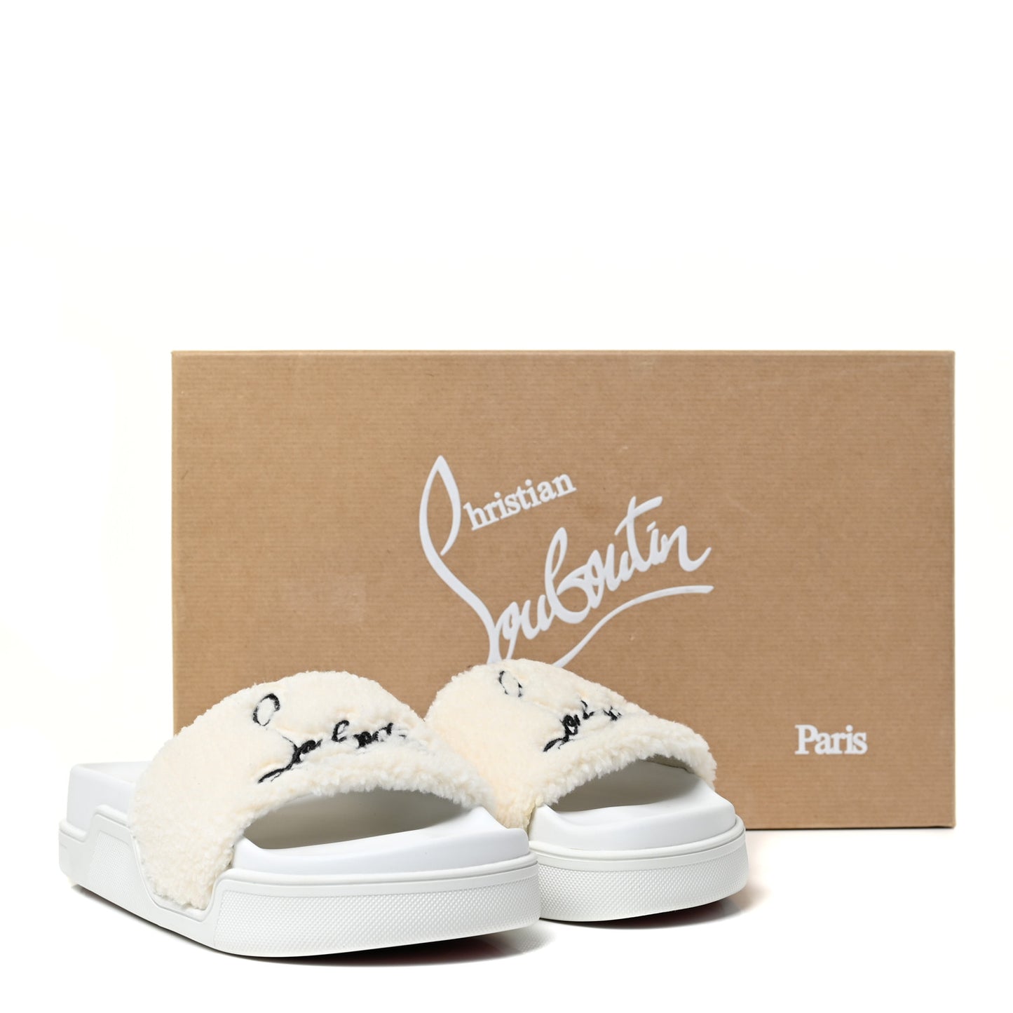 Faux Shearling Embroidered Pool Donna Flat Slide Sandals 35 White