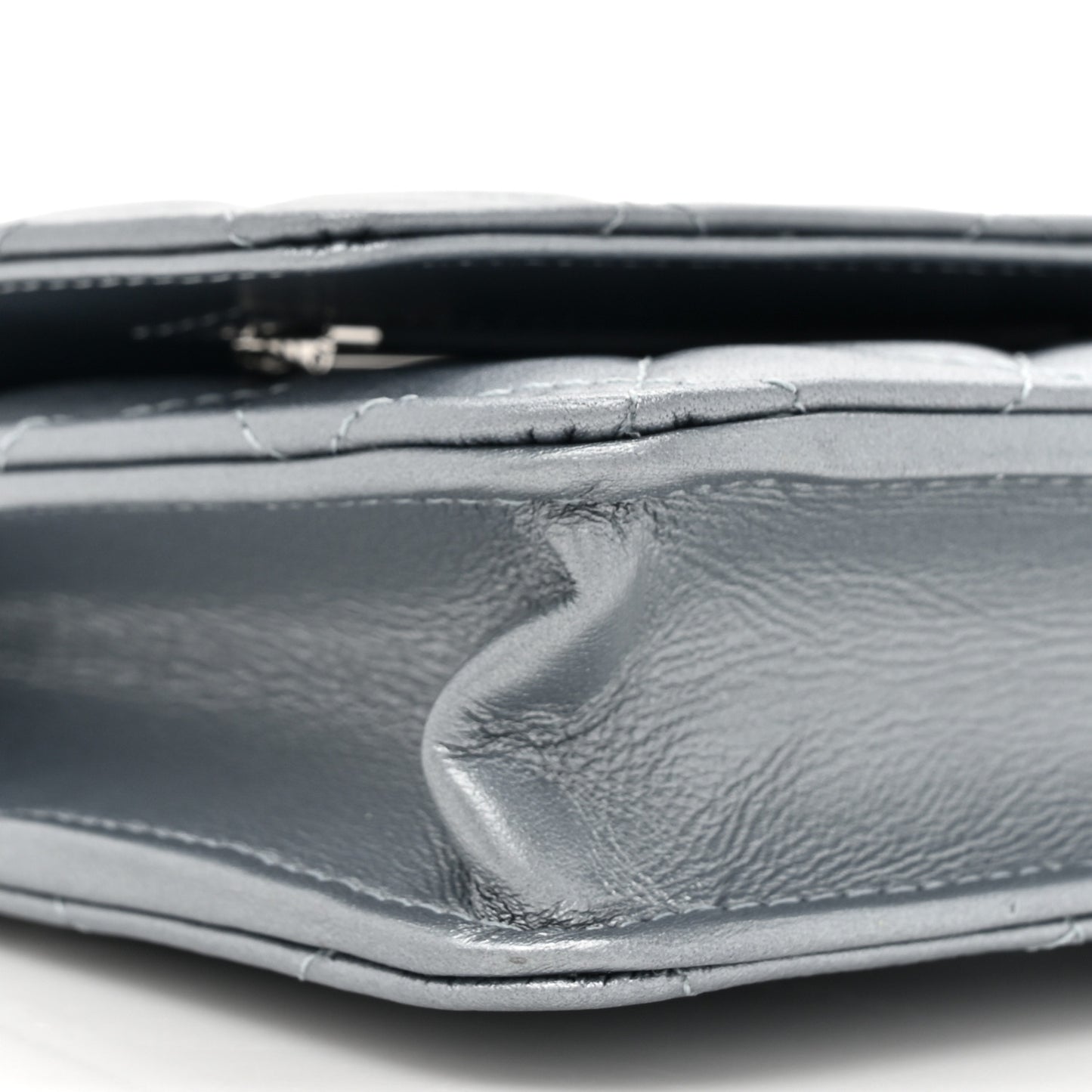 Metallic Lambskin Quilted Wallet On Chain WOC Silver