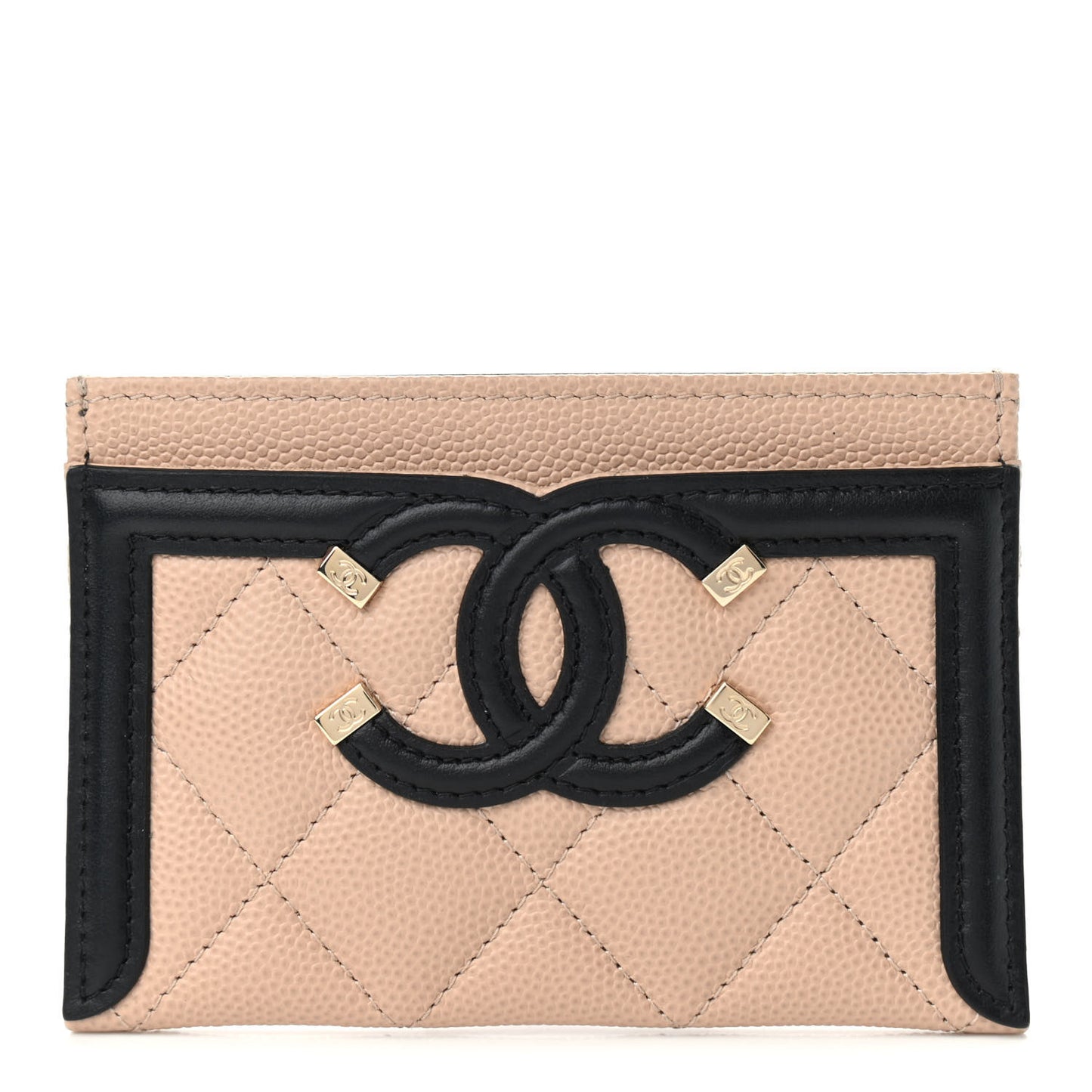 Caviar Quilted Filigree Card Holder Beige Black