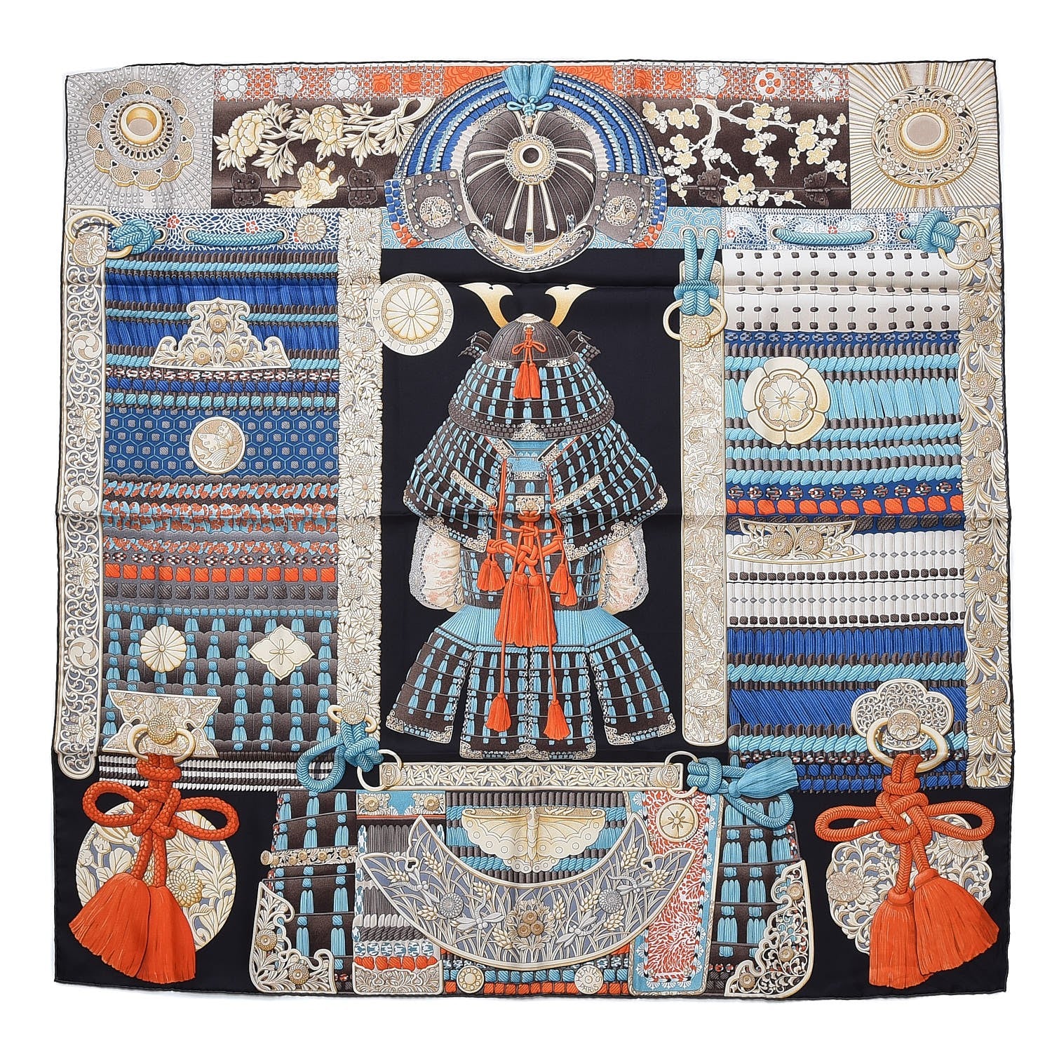 Hermes Silk Parures de Samouraïs Scarf 90 Ebene Bleu Orange 252709 ...