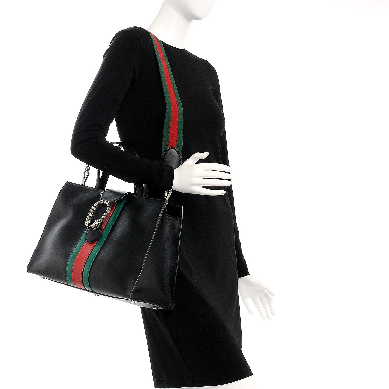 Gucci Calfskin Web Stripe Large Dionysus Tote Bag Black 2 of 8