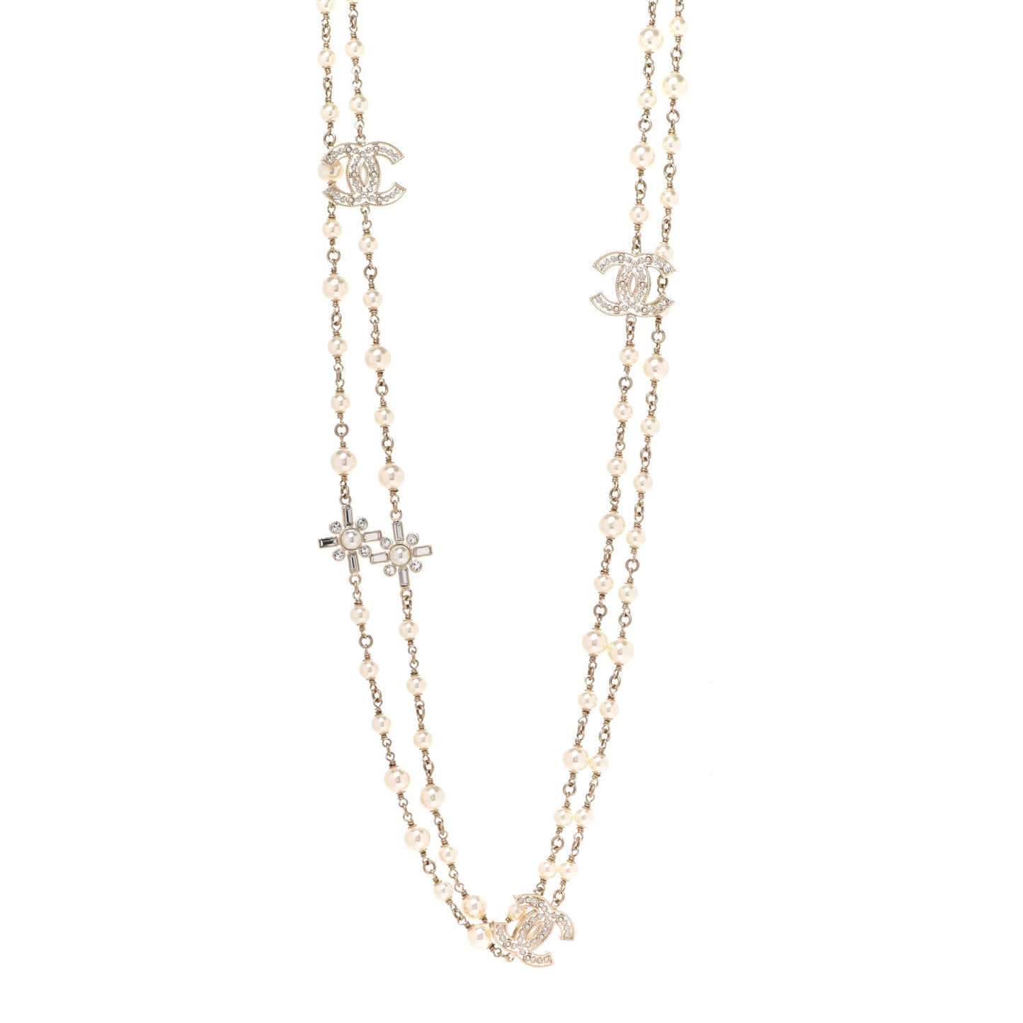 Crystal Baguette Pearl CC Cross Necklace Gold