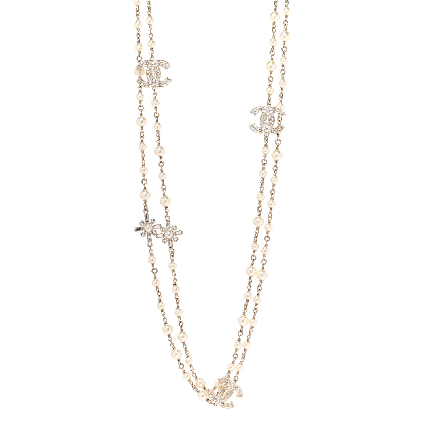 Chanel Crystal Baguette Pearl CC Cross Necklace Gold 1 of 7