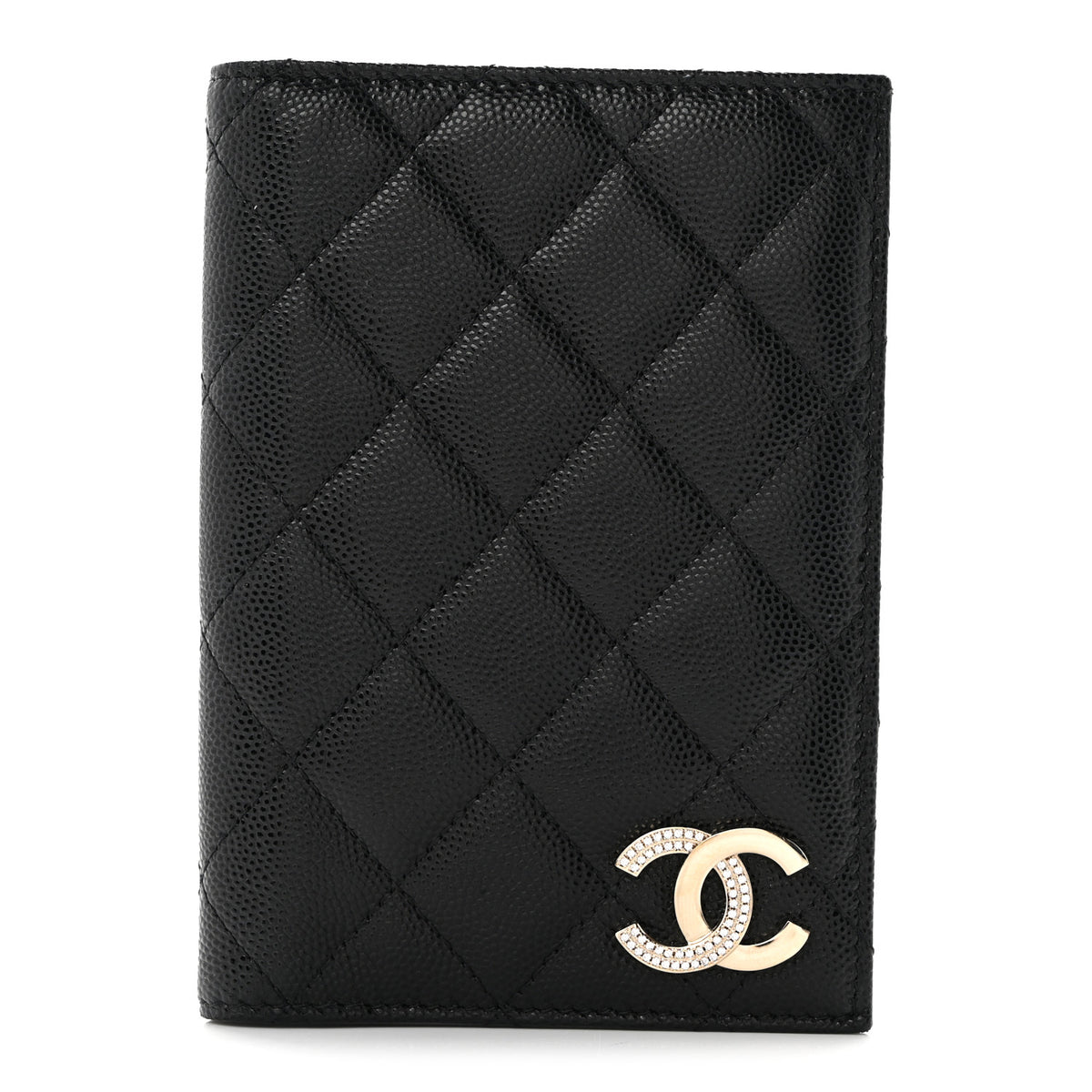 Caviar Quilted Crystal CC Passport Holder Black