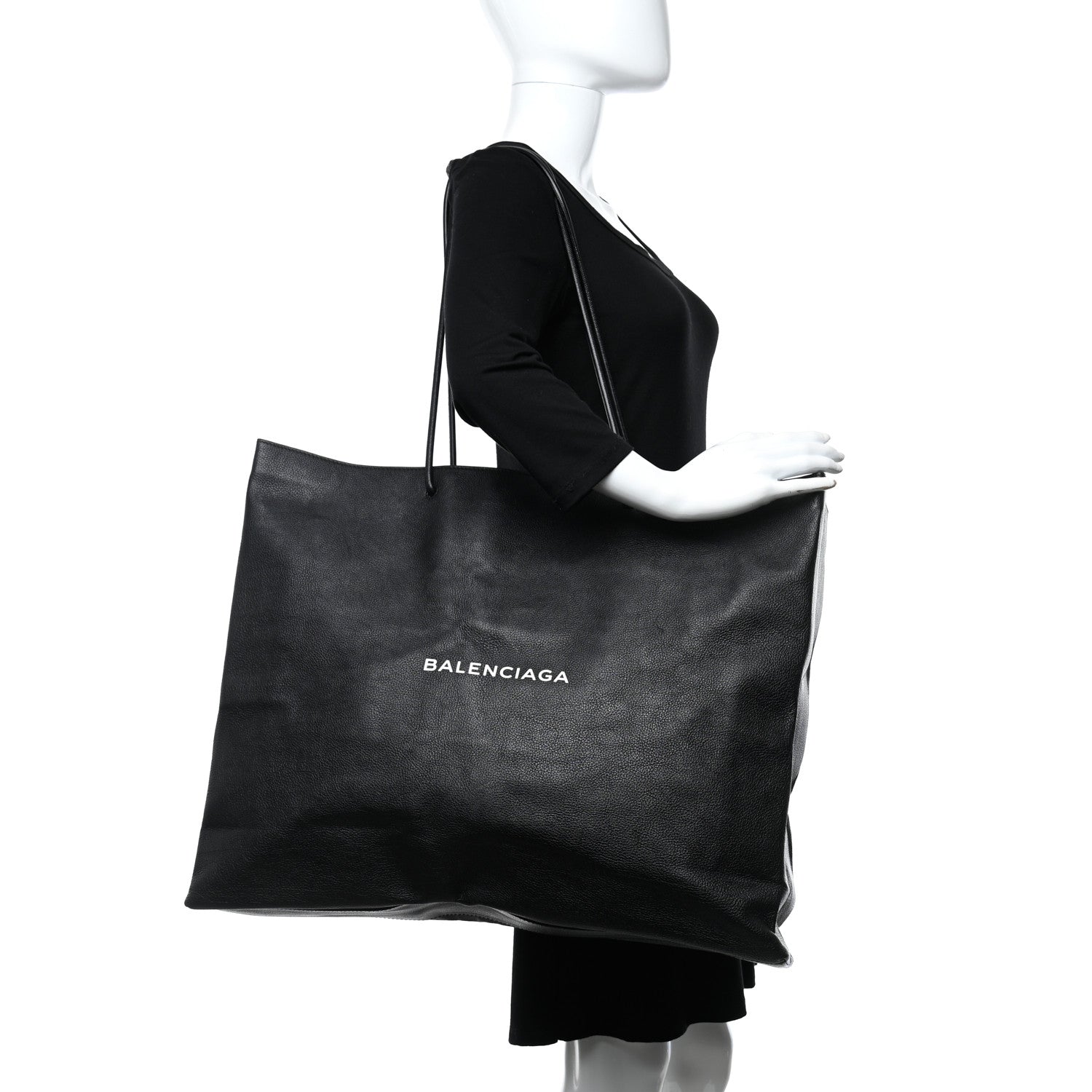 Balenciaga Calfskin Logo Shopping L Tote Black White 3 of 9