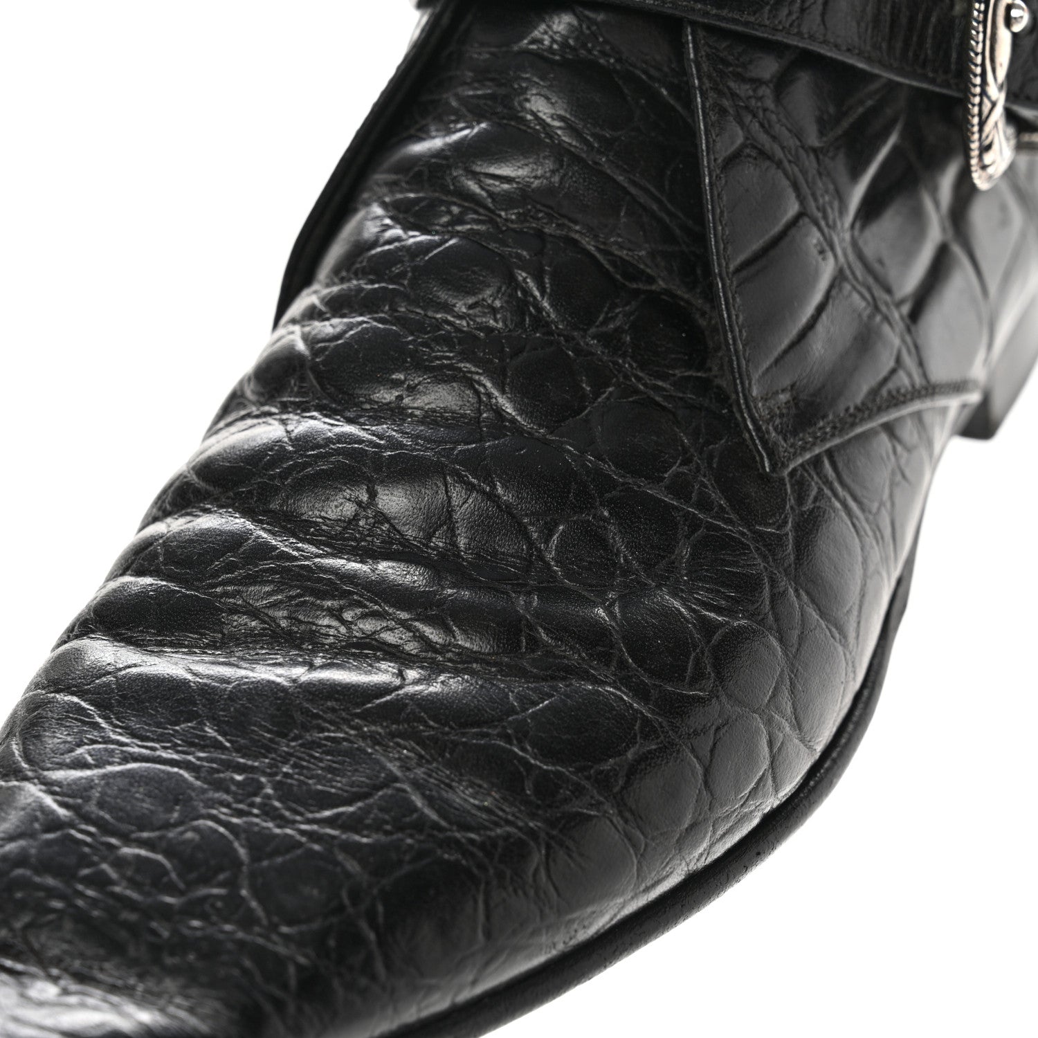 Saint Laurent Calfskin Crocodile Embossed Womens Dixon Buckle Ankle Boots 37.5 Black 11 of 15