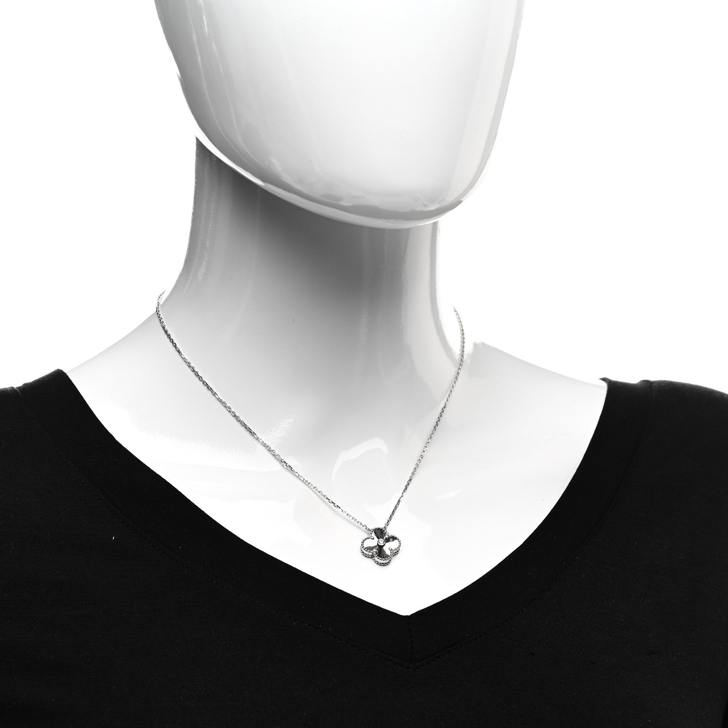Van Cleef & Arpels 18K White Gold Diamond Guilloche Vintage Alhambra Pendant Necklace 2 of 6