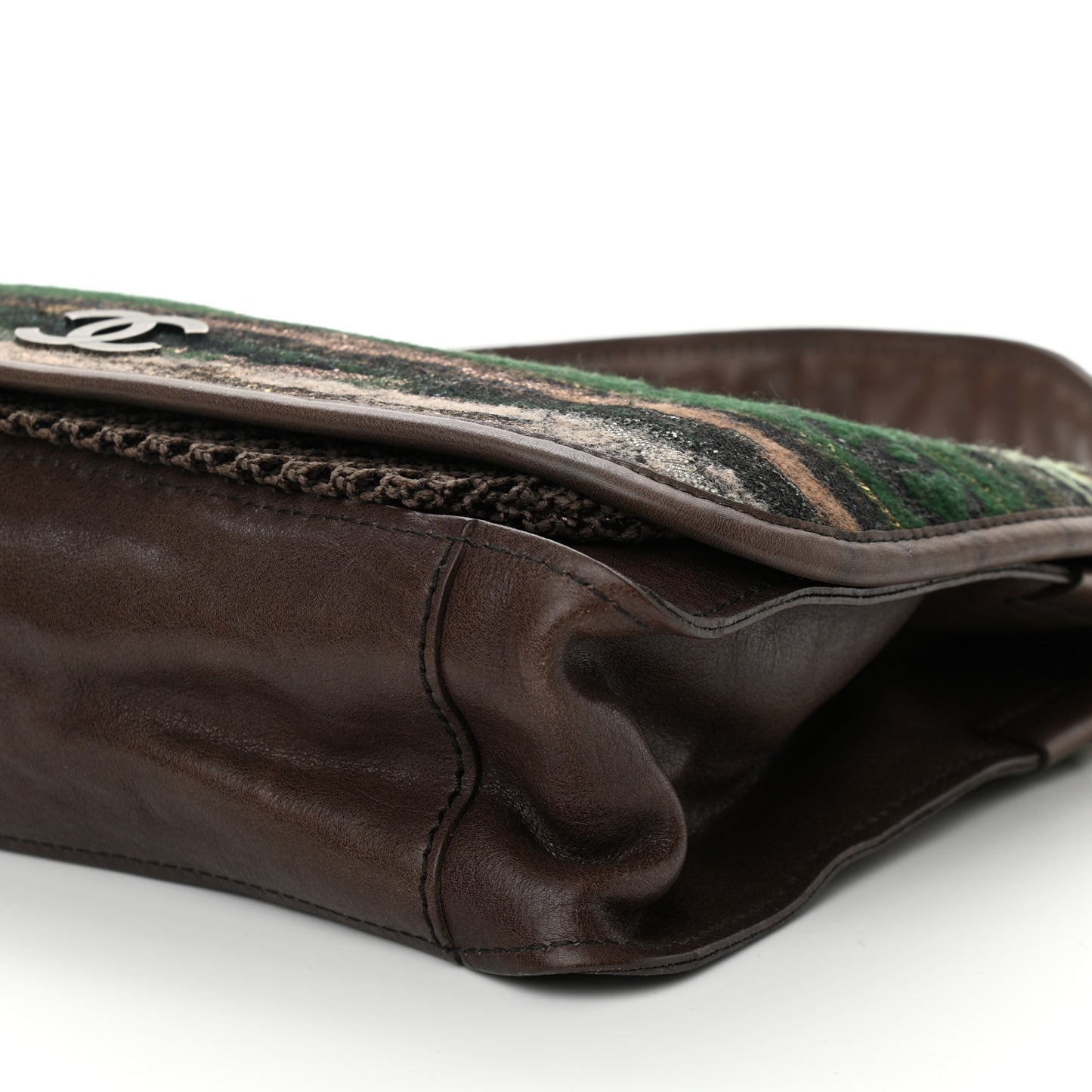 Calfskin Felt Sequin Embroidered Flap Shoulder Bag Brown