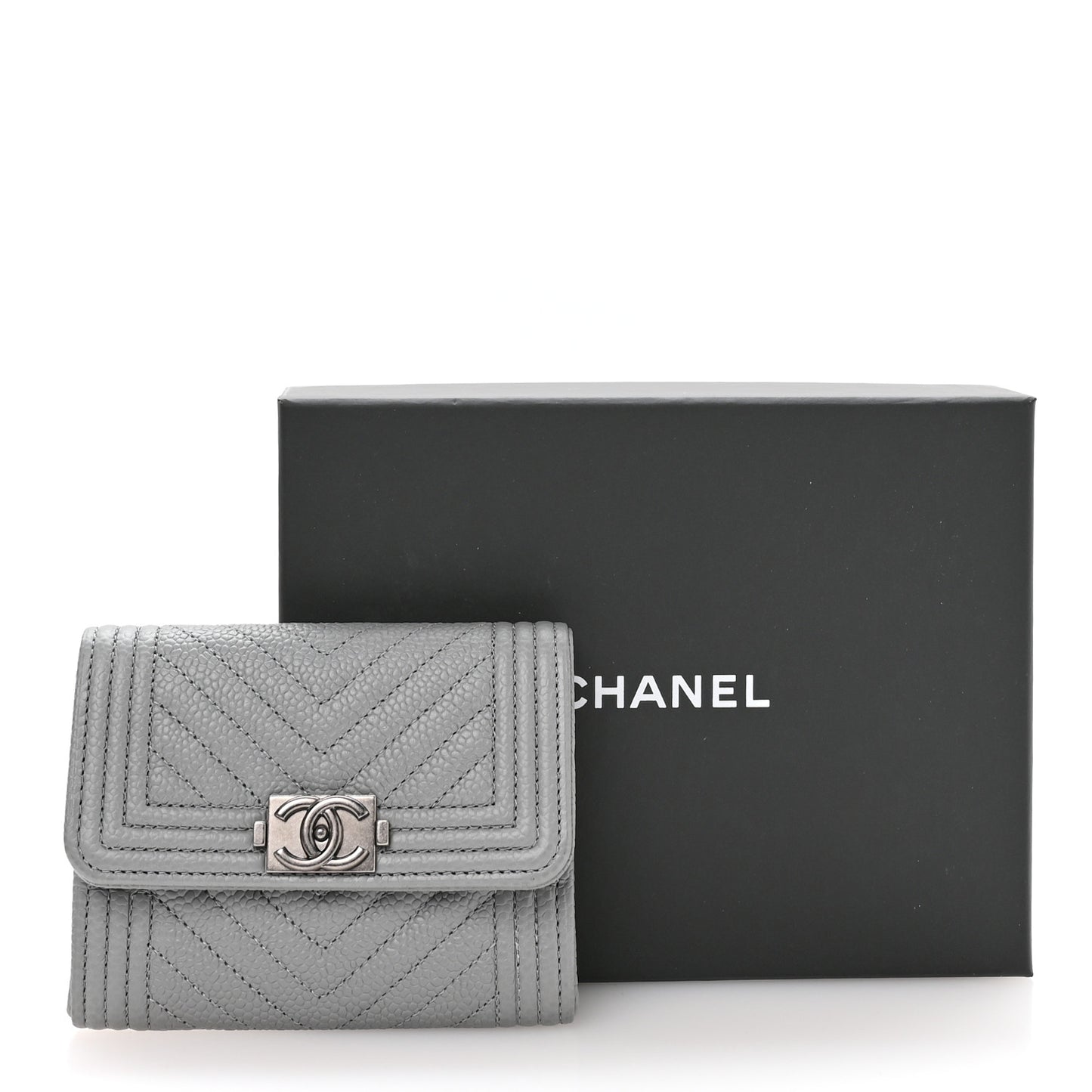 Caviar Chevron Quilted Boy Card Holder Wallet Grey