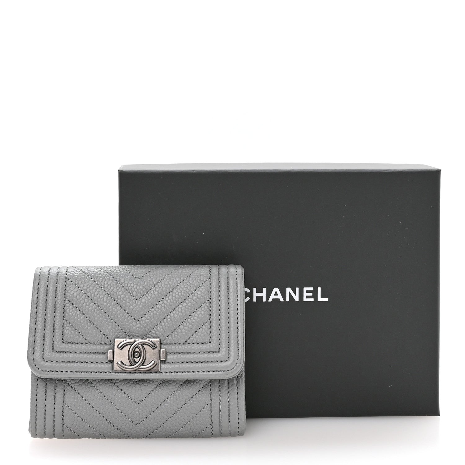 Chanel Caviar Chevron Quilted Boy Card Holder Wallet Grey 9 of 9