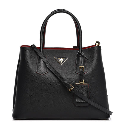 Prada Saffiano Cuir Medium Double Bag Black Fuoco 1 of 7