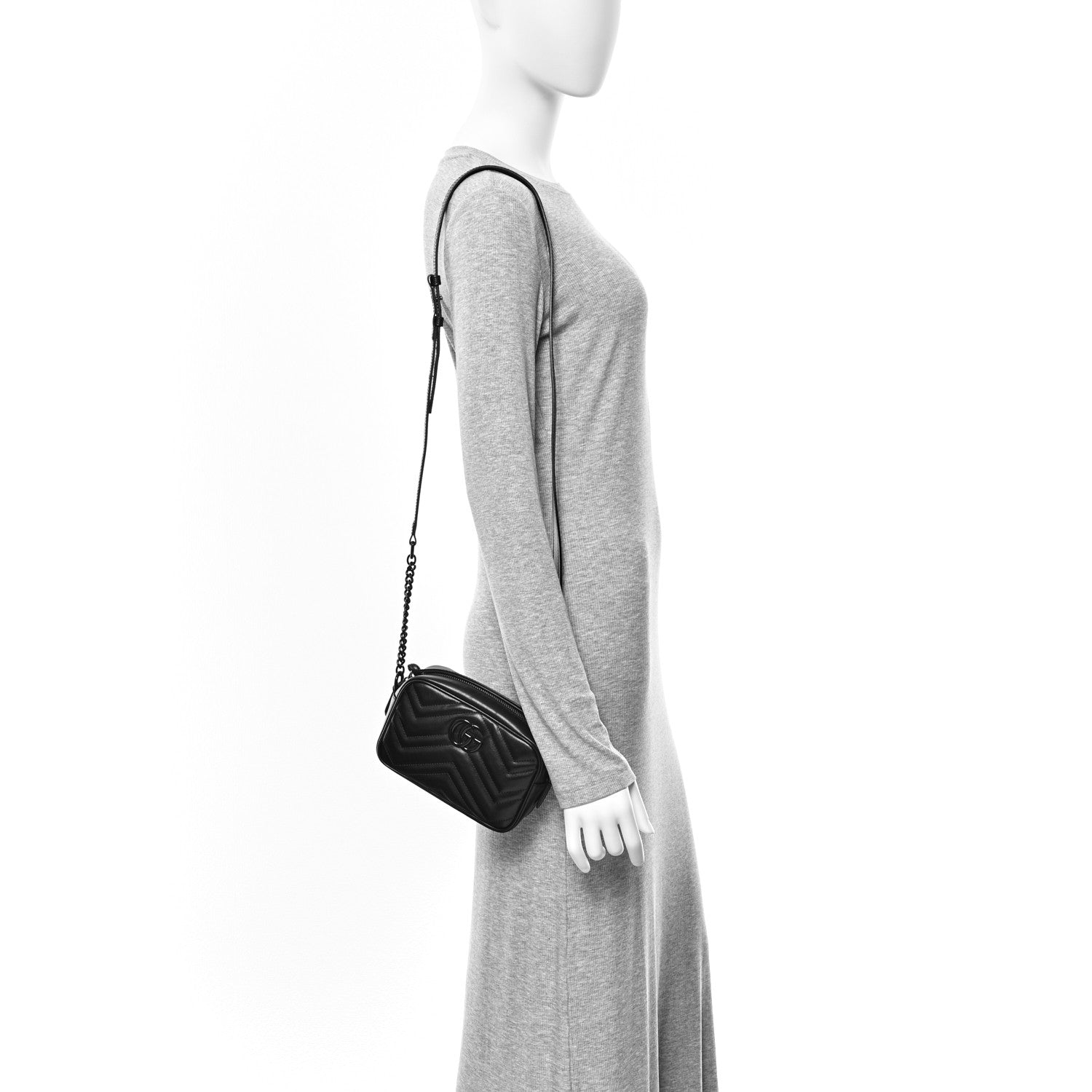 Gucci Calfskin Matelasse Monochrome Mini GG Marmont Chain Shoulder Bag Black 2 of 11