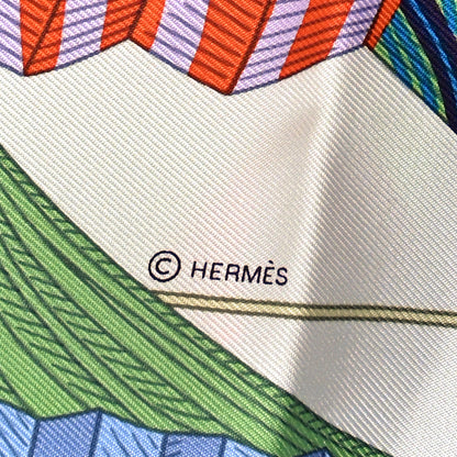 Hermes Silk Lanternes Ballons et Cocardes Scarf 90 Bleu Ciel White Vert 4 of 5